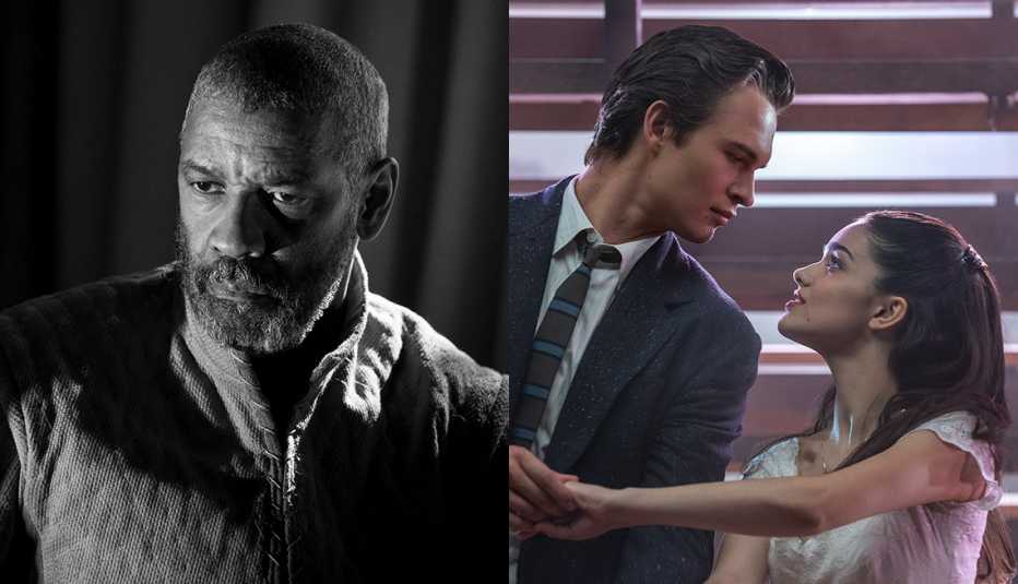 (Izquierda a derecha) Denzel Washington en "The Tragedy of Macbeth", y Ansel Elgort y Rachel Zegler en "West Side Story".