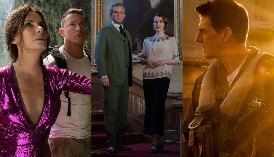 (De izquierda a derecha) Sandra Bullock y Channing Tatum en "The Lost City", Hugh Bonneville y Michelle Dockery en "Downton Abbey: A New Era" y Tom Cruise en "Top Gun: Maverick".