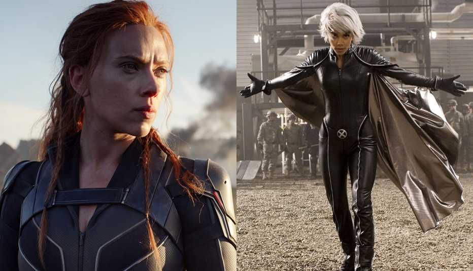 Scarlett Johansson (izquierda) como Natasha Romanoff en "Black Widow" y Halle Berry en "X-Men: The Last Stand".