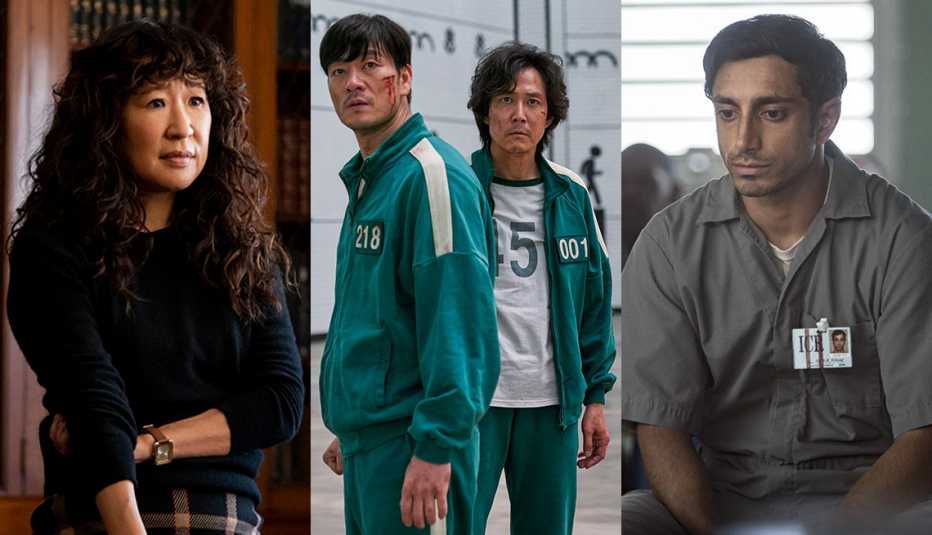 (De izquierda a derecha) Sandra Oh en "The Chair", Park Hae-soo y Lee Jung-jae en "Squid Game" y Riz Ahmed en "The Night Of".