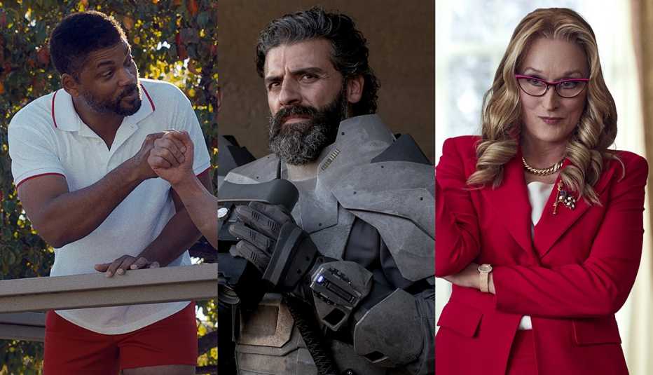  (De izquierda a derecha) Will Smith en "King Richard", Oscar Isaac en "Dune" y Meryl Streep en "Don't Look Up".
