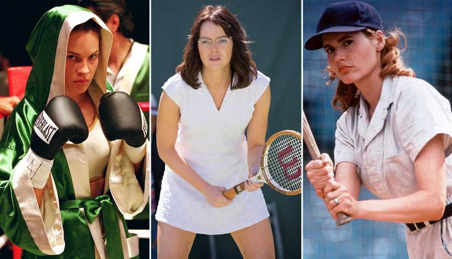 (Izquierda a derecha) Hilary Swank en "Million Dollar Baby", Emma Stone en "Battle of the Sexes" y Geena Davis en "A League of Their Own".