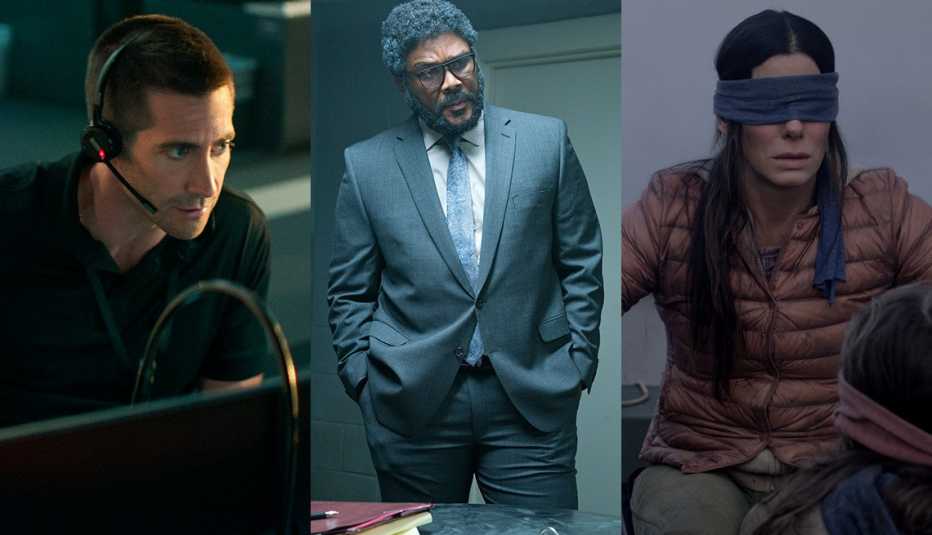 (De izquierda a derecha) Jake Gyllenhaal en "The Guilty", Tyler Perry en "A Fall from Grace" y Sandra Bullock en "Bird Box".
