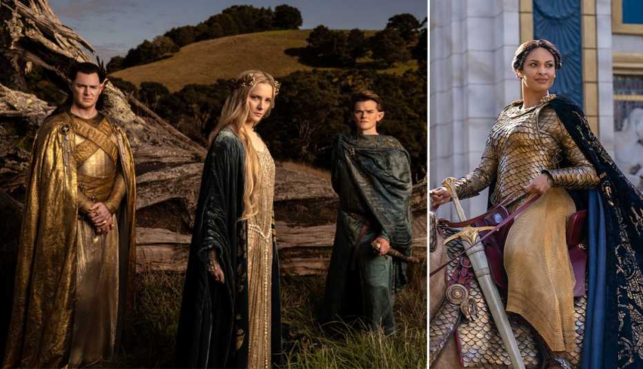 (De izquierda a derecha) Benjamin Walker como el rey supremo Gil-Galad, Morfydd Clark como Galadriel, Robert Aramayo como Elrond y Cynthia Addai-Robinson como la reina regente Míriel.