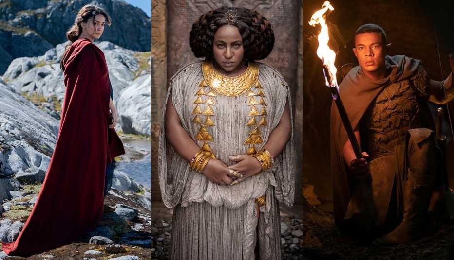 (De izquierda a derecha) Nazanin Boniadi como Bronwyn, Sophia Nomvete como la princesa Disa e Ismael Cruz Córdova como Arondir.