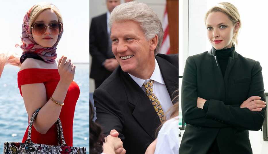 (De izquierda a derecha) Julia Garner como Anna Delvey en "Inventing Anna", Clive Owen como Bill Clinton en "Impeachment: American Crime Story" y Amanda Seyfried como Elizabeth Holmes en "The Dropout".