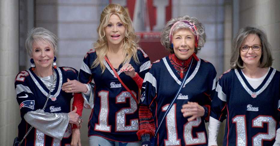 Rita Moreno como Maura, Jane Fonda como Trish, Lily Tomlin como Lou y Sally Field como Betty en "80 For Brady".