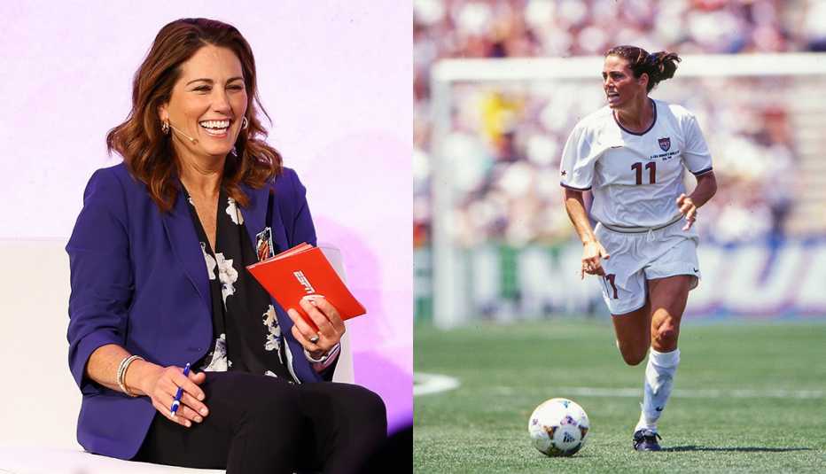 (De izquierda a derecha) Julie Foudy en el 2023 espnW Summit NYC y jugando en el partido final de la Copa Mundial Femenina en el Rose Bowl de Los Ángeles en el 1999.