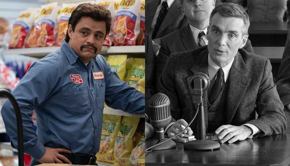 (Desde la izquierda) Jesse Garcia en  " Flamin' Hot" y a la derecha Cillian Murphy en "Oppenheimer".