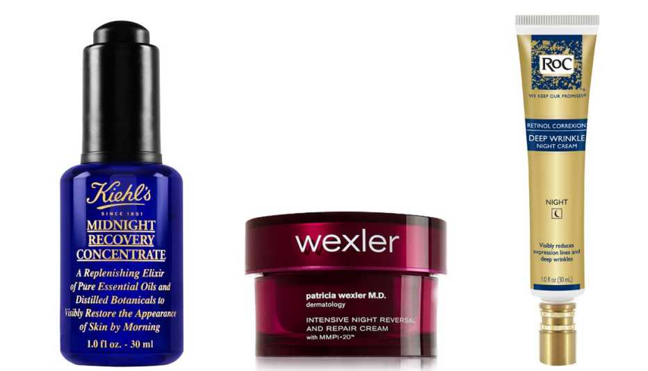 Cremas: Kiehl's Midnight Recovery Concentrate; Wexler Intensive Night Reversal and Repair Cream, ROC Retinol Correxion Deep Wrinkle Night Cream