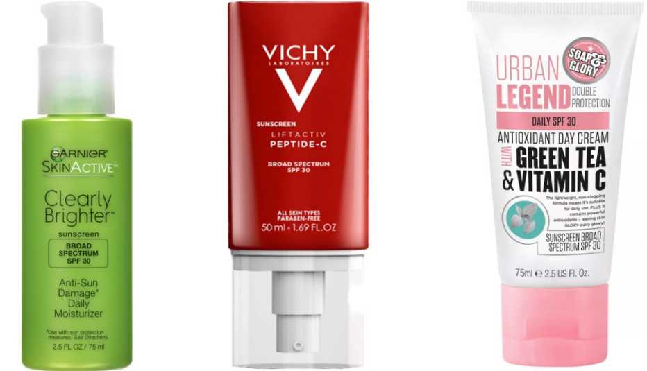 Garnier SkinActive SPF 30 Face Moisturizer with Vitamin C; Vichy Laboratoires Liftactiv Peptide C Face Sunscreen SPF 30; Soap & Glory Urban Legend Double Protection Antioxidant Day Cream SPF 30 with Green Tea & Vitamin C