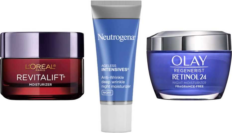 L’Oreal Paris Revitalift Triple Power Deep-Acting Moisturizer; Neutrogena Rapid Wrinkle Repair Hyaluronic Acid & Retinol Cream; Olay Regenerist Retinol24 Night Moisturizer