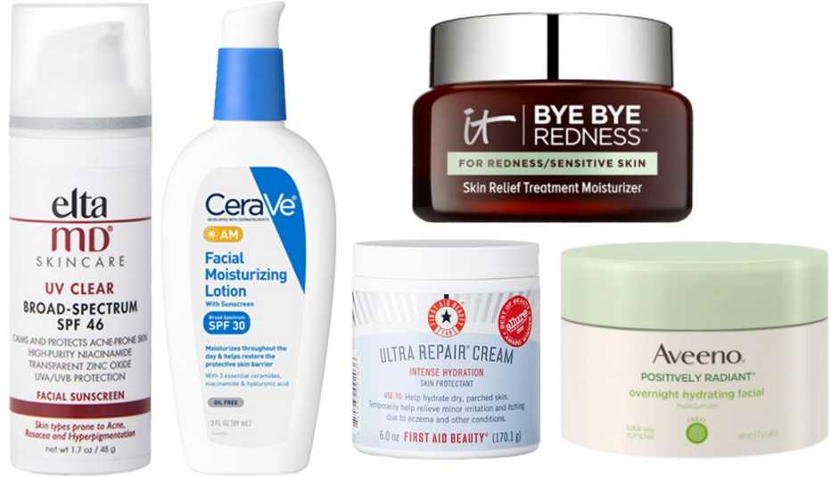 EltaMD UV Clear Broad-Spectrum SPF 46 Sunscreen; CeraVe AM Facial Moisturizing Lotion with Sunscreen SPF 30; First Aid Beauty Ultra Repair Cream; IT Cosmetics Bye Bye Redness Sensitive Skin Moisturizer; Aveeno Positively Radiant Overnight Hydrating Facial