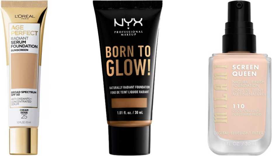 L’Oréal Paris Age Perfect Radiant Serum Foundation with SPF 50; NYX Professional Makeup Born to Glow! Radiant Foundation; Milani Screen Queen Foundation