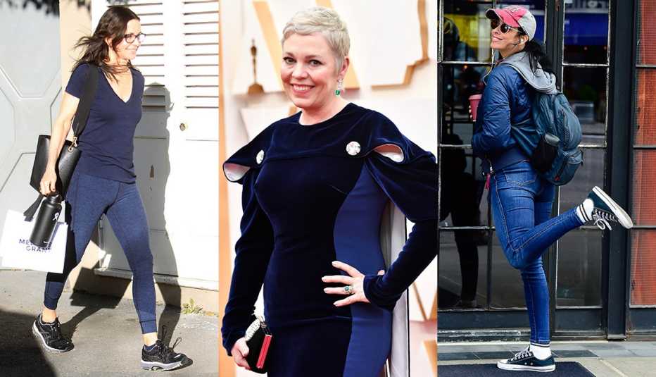 Courteney Cox caminando por la acera con una camisa azul y pantalones de ejercicio azules Olivia Colman con un vestido azul marino en los Premios de la Academia y Sarah Silverman con una chaqueta azul y jeans azules.