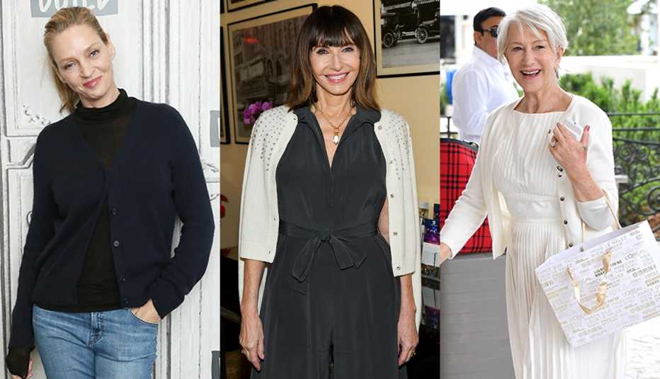 (De izquierda a derecha) Uma Thurman, Mary Steenburgen y Helen Mirren, cada una con un cárdigan.