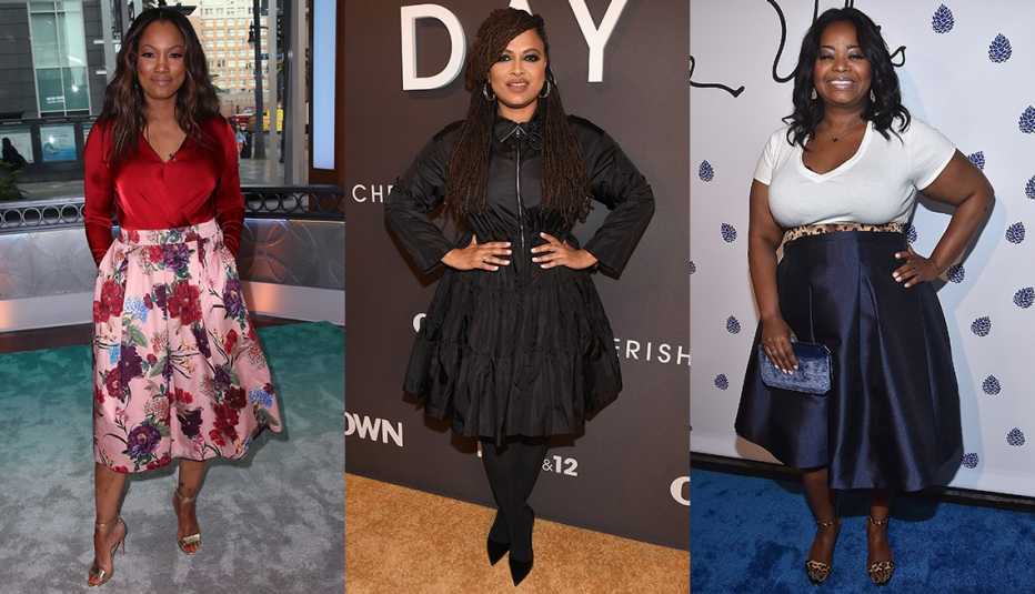 (De izquierda derecha) Garcelle Beauvais, Ava DuVernay y Octavia Spencer usando falda "midi".