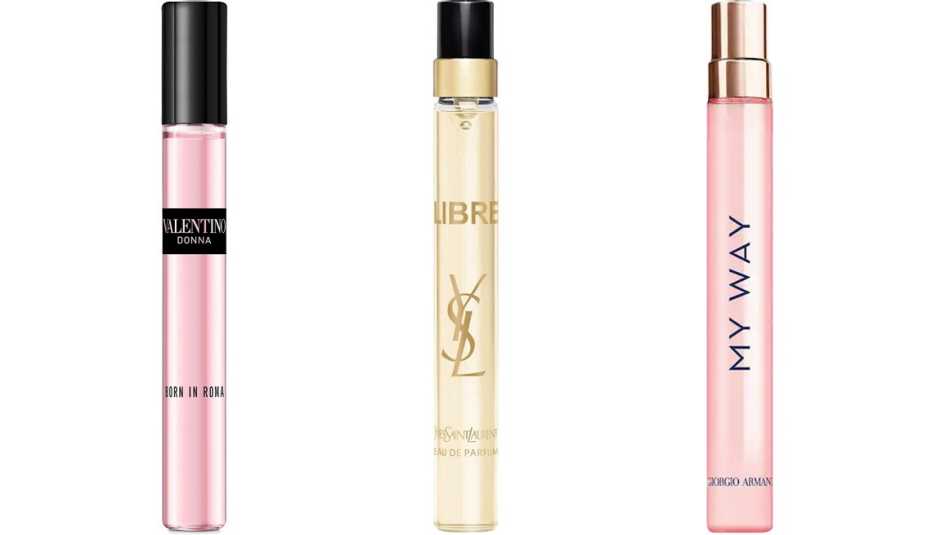 (De izquierda a derecha) Valentino Donna Born in Roma Eau de Parfum Travel Spray; Yves Saint Laurent Libre Eau de Parfum Travel Spray; Armani Beauty My Way Eau de Parfum Travel Spray.