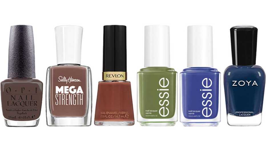 (De izquierda a derecha) OPI You Don't Know Jacques! Nail Lacquer; Sally Hansen Mega Strength Nail Polish; Revlon Nail Enamel; Essie Fall 2020; Essie Fall 2020; Zoya Nail Lacquer.