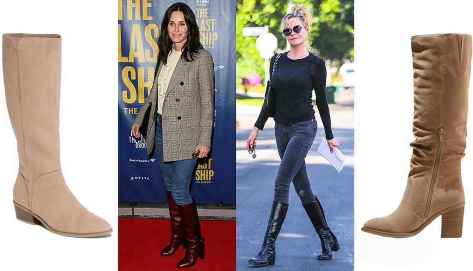 (De izquierda a derecha) Faux-Suede Tall Boots para mujer de Old Navy en color marrón topo claro; Courteney Cox; Melanie Griffith; Universal Thread Lainee Heeled Scrunch Fashion Boots en color topo.