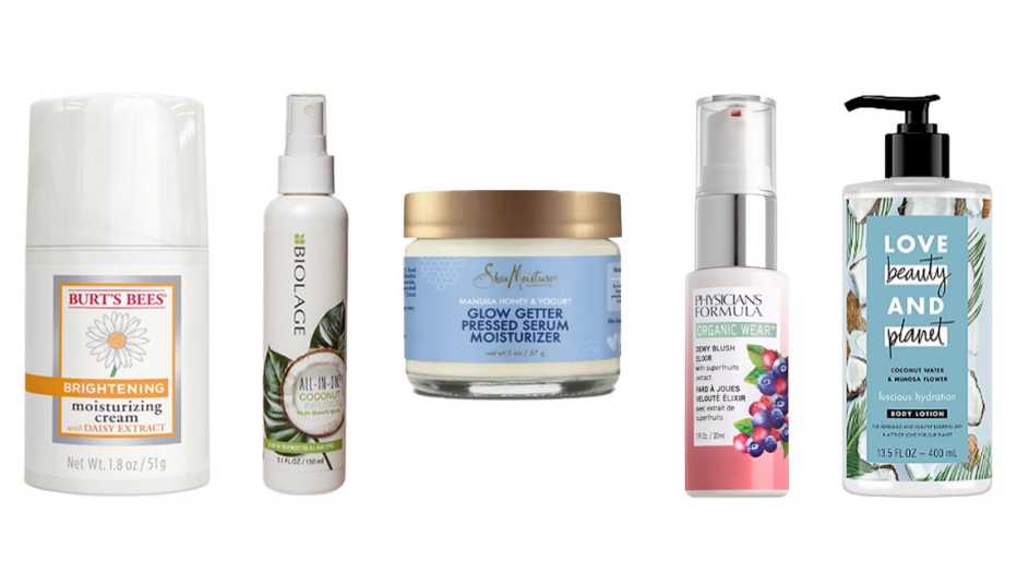 (De izq. a der.) Burt's Bees Brightening Moisturizing Cream; Matrix Biolage All-In-One Coconut Infusion Multi-Benefit Spray; SheaMoisture Manuka Honey & Yogurt Healthy Glow Pressed Serum Moisturizer; Physicians Formula Organic Wear Dewy Blush Elixir; Love Beauty and Planet Coconut Water y Mimosa Flower Luscious Hydration Body Lotion