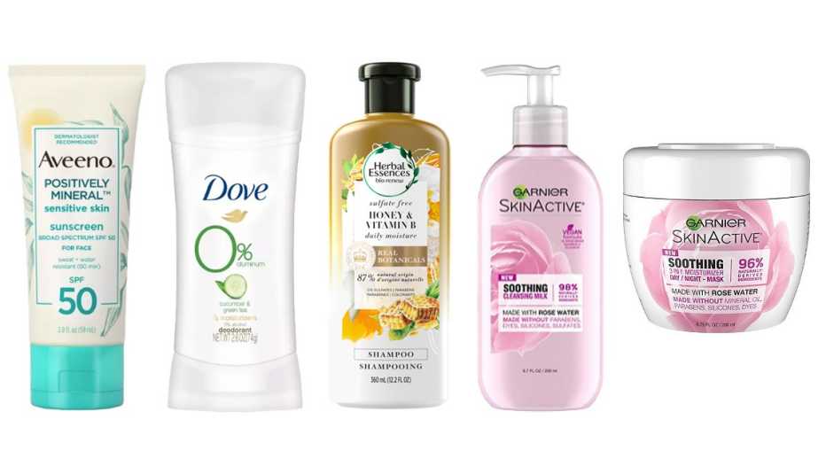 (De izq. a der.) Aveeno Positively Mineral Sensitive Skin Sunscreen SPF 50; Dove 0% Aluminum Cucumber & Green Tea Deodorant Stick; Herbal Essences Bio:Renew Honey & Vitamin B Sulfate-Free Moisture Shampoo; Garnier SkinActive Soothing Milk Face Wash with Rose Water; Garnier SkinActive Soothing 3-in-1 Face Moisturizer with Rose Water