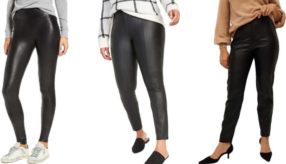 (De izquierda a derecha) Spanx Faux Leather Leggings en muy negro; Old Navy High-Waisted Stevie Faux-Leather Pants for Women en cuero ecológico; Violeta by Mango Faux Leather Leggings en negro.