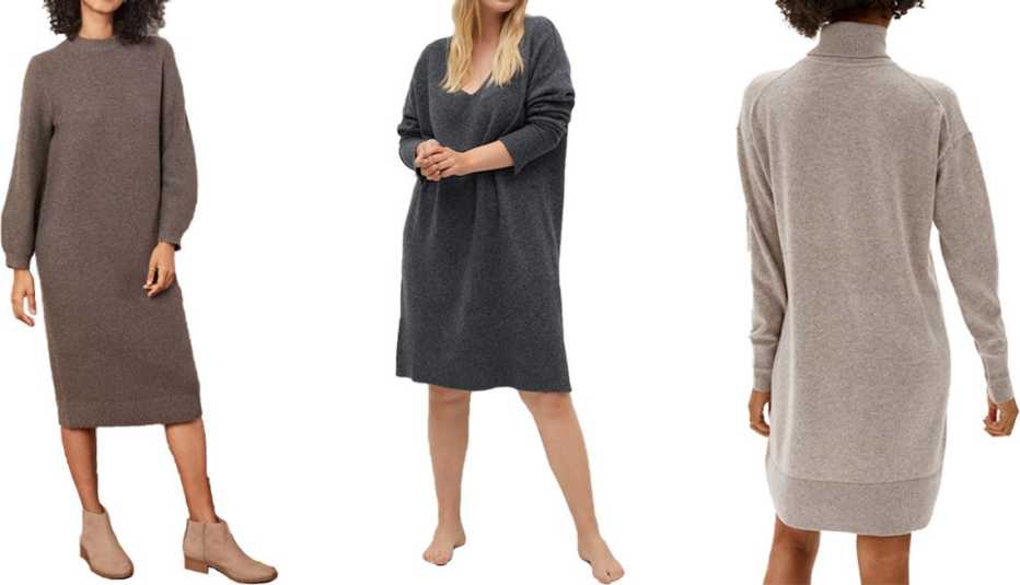(De izquierda a derecha) Prologue Women’s Balloon Long Sleeve Sweater Dress en marrón; Violeta by Mango Knit Midi Dress en gris oscuro; Everlane The Cashmere Turtleneck Dress en color avena.