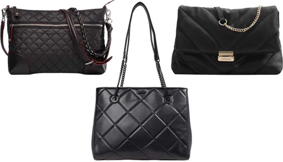 (En el sentido de las agujas del reloj desde arriba a la izquierda) MZ Wallace Crosby Crossbody en negro/plateado; Zara Quilted Maxi Crossbody Bag en negro; Aldo Cozette en otro negro.