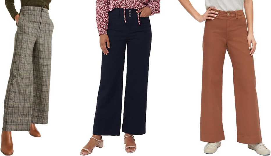 (De izquierda a derecha) Madewell Huston Pull-On Full-Length Pant a cuadros; Loft Button Front High Waist Wide Leg Crop Pants en azul marino; Gap High-Rise Wide Leg Pants en marrón especia veraniega.