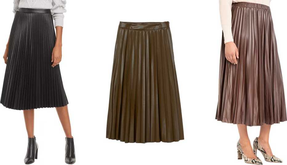 (De izquierda a derecha) Falda Lucy Paris Faux Leather Pleated Skirt; falda H&M Faux Leather Skirt en verde caqui; falda Eloquii Pleated Faux Leather Skirt en chocolate fundido.