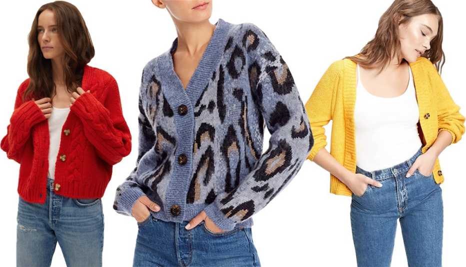 (De izquierda a derecha) Mango Cable-Knit Cardigan en rojo; Aqua Leopard Cardigan Sweater en azul; Gap Textured Cardigan en amarillo sol.
