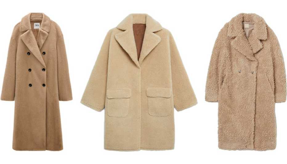 (De izquierda a derecha) Zara Faux Fur Wrap Coat en marrón topo; Mango Reversible Faux Shearling-Lined Coat en beige; H&M Wool-Blend Faux Shearling Coat en beige.