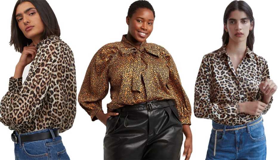 (De izquierda a derecha) H&M Wide-Cut Blouse en beige claro/estampado de leopardo; Who What Wear Women’s Long Sleeve Soft Bow Blouse en marrón; Zara Long Animal Print Shirt de estampado animal