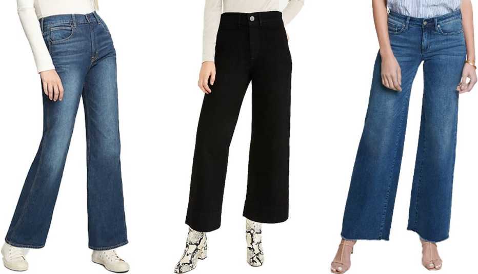 (De izquierda a derecha) Gap High Rise Vintage Flare Jeans en añil oscuro; Ann Taylor Sculpting Pocket High Rise Wide Leg Jeans en negro azabache lavado; NYDJ Teresa Fray Hem Wide Leg Jeans en azul lázaro.