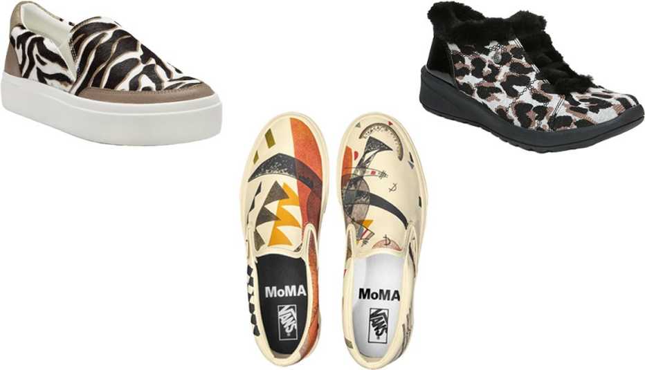 (En el sentido de las agujas del reloj desde arriba a la izquierda) Lucky Brand Takato Platform Slip-On Sneaker en encaje/pelo de ternera; Bzees Golden Fur Trim Washable Slip On Sneakers en leopardo negro; Vans X MoMA Vasily Kandinsky Classic Slip-On Sneaker.