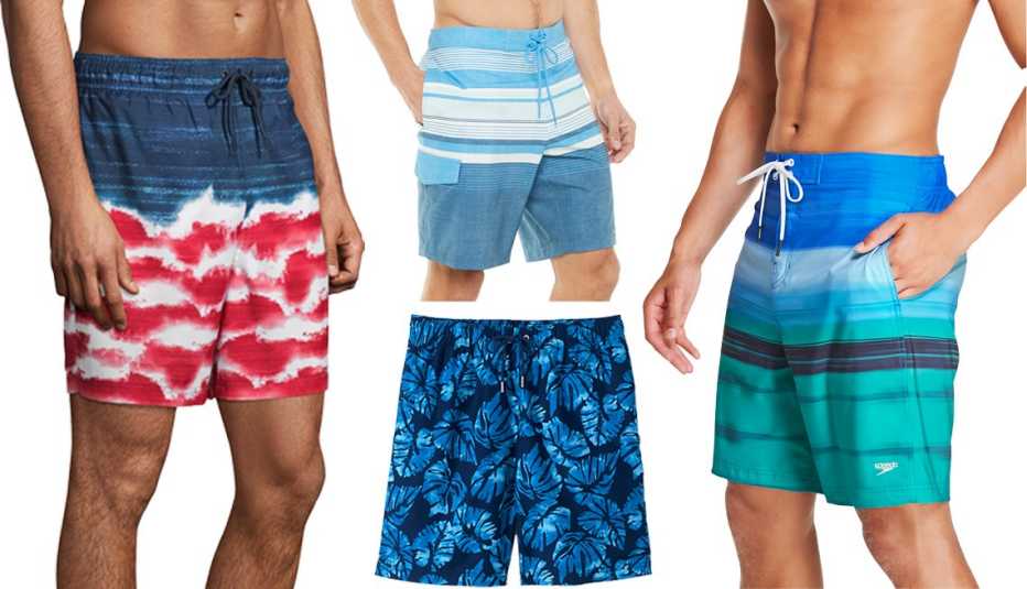 Traje de baño para hombres en tallas regular y grande con estampado americana ocean, de George, de 6 pulgadas de largo, de color azul (a la izquierda); traje de baño en tejido elástico, de Sonoma Goods for Life, de color azul con rayas (arriba en el medio); traje de baño tipo volley en talla grande y alto, de Lands' End, de 8 pulgadas, en estampado de palmeras (abajo en el medio); traje de baño tipo bondi con estampado de horizonte, de Speedo, de color limonada azul (a la derecha).