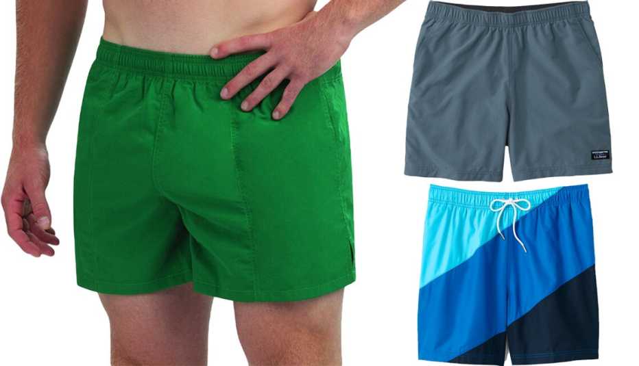 Traje de baño Dolfin Solid para hombres, de Kohl's, de 5 pulgadas de largo, de color verde (a la izquierda); pantalones cortos deportivos clásicos para hombres, de L.L. Bean, de 6 pulgadas, en azul hierro (arriba a la derecha); traje de baño tipo volley con bloque de colores, de Lands' End, de 6 pulgadas, en triple bloque de color azul (abajo a la derecha).