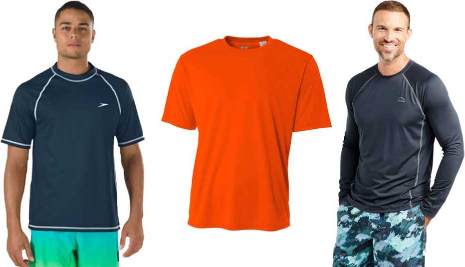 (De izquierda a derecha) Camiseta para nadar para hombres, con protección solar, de Speedo, de color azul marino; camiseta para nadar para hombres, con protección solar, de Hardcore Water Sports, en naranja; camiseta para nadar para hombres, con tecnología de enfriamiento, de L.L. Bean, en azul marino carbón.