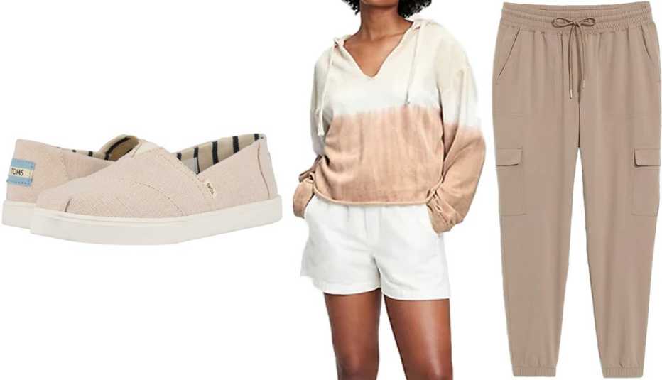 (De izquierda a derecha) Zapatos de alpargata Toms Alpargata Cupsole en color cáñamo natural; sudadera Gap Vintage Soft Cropped V-Neck Hoodie en color café claro teñido; pantalón jogger Old Navy High-Waisted StretchTech Cargo Jogger Pants for Women en color café.