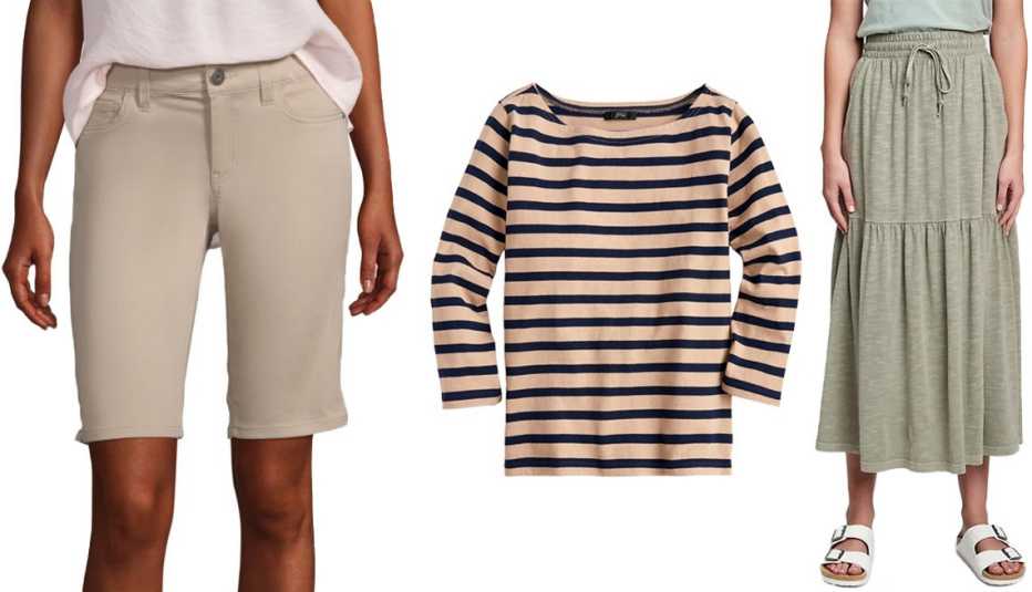 (De izquierda a derecha) Bermudas Liz Claiborne Women's Stretch 11" Bermuda Short en color linaza; J.Crew Structured Boatneck T-Shirt con franjas caqui y azul marino; falda Gap Tiered Midi Skirt en color cactus del desierto.