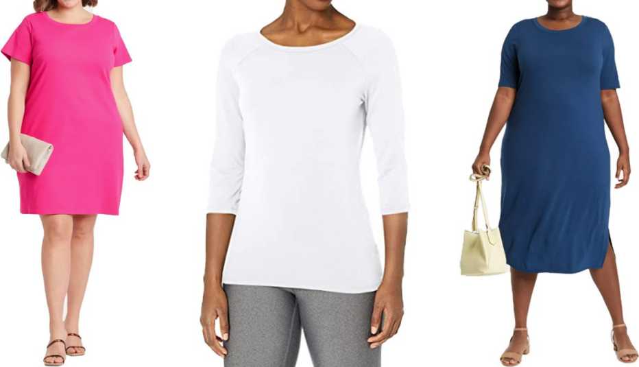 (De izquierda a derecha) Vestido estilo camiseta Ava & Viv Women's Plus-Size Short Sleeve T-Shirt Dress en color rosa; camiseta de algodón Hanes Women's Stretch Cotton Raglan Sleeve Tee en color blanco; vestido de tejido de punto Ava & Viv Women's Plus Size Short Sleeve Knit Swing Dress en color azul.