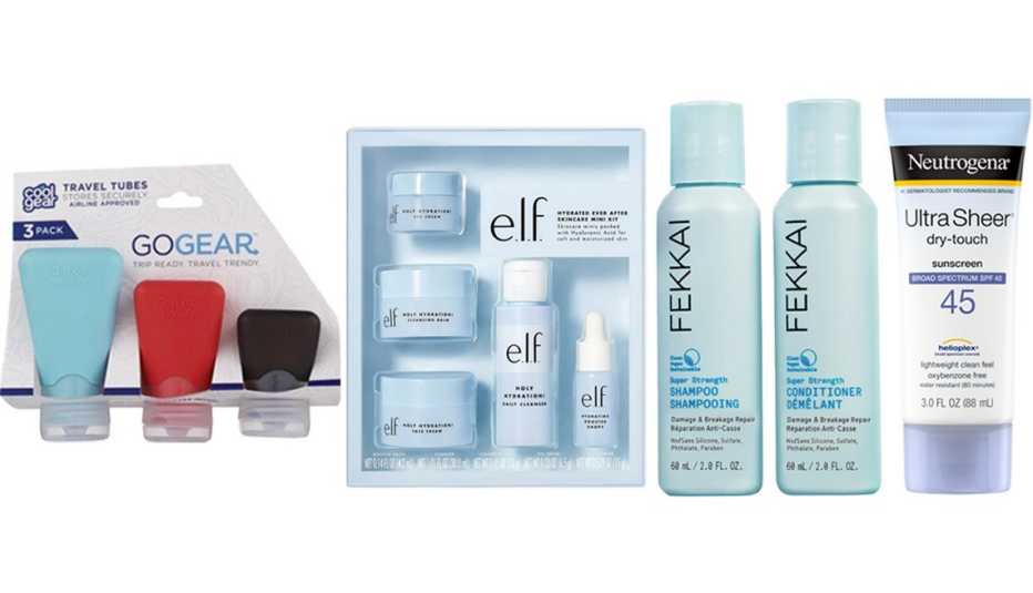 (De izquierda a derecha) Tubos para viaje Cool Gear Go Gear Travel Tubes; minikit de hidratación para cutis e.l.f. Cosmetics Hydrated Ever After Skincare Mini Kit; minidúo de champú y acondicionador FEKKAI Power Pair Super Strength; loción protectora solar Ultra Sheer Dry-Touch de Neutrogena, 3 oz.
