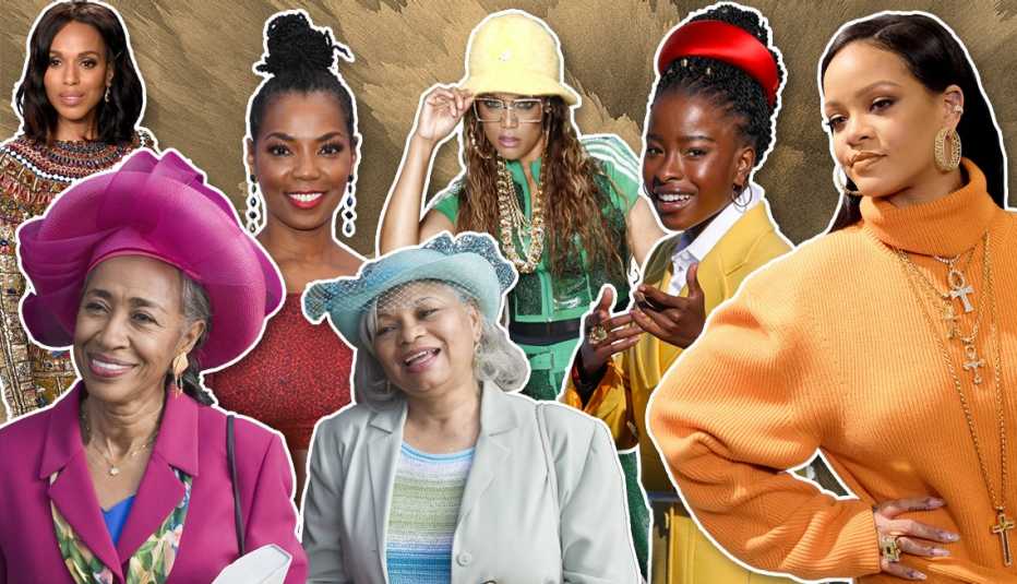 En el sentido de las agujas del reloj desde la parte superior izquierda: Kerry Washington, Vanessa Williams, Tyra Banks, la poeta Amanda Gorman, Rihanna y dos mujeres con sus mejores sombreros de iglesia dominicales.