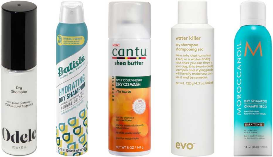 (De izquierda a derecha) Odele Dry Shampoo; Batiste Hydrating Dry Shampoo; Cantu Apple Cider Vinegar Dry Co-Wash; evo Water Killer Dry Shampoo; Moroccanoil Dry Shampoo Dark Tones.