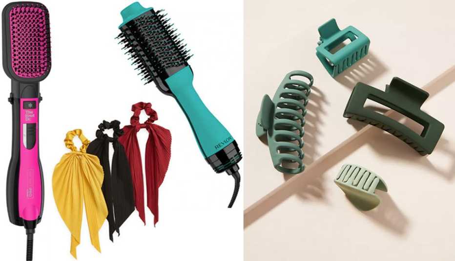 (De izq. a der.) Cepillo Infiniti Pro by Conair All-In-One Paddle Dryer Brush; coleteros Tasha 3-Pack Pleated Hair Scrunchies en color tinto/mostaza; secador Salon One-Step Hair Dryer and Volumizer en color verde azulado/negro de Revlon; pinzas Courtside 