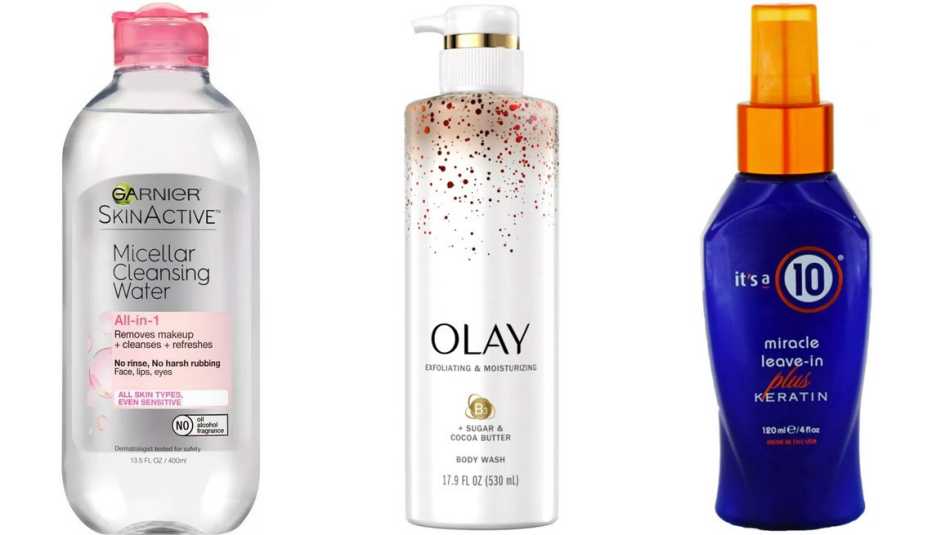 (De izq. a der.) Desmaquillador SkinActive Micellar Cleansing Water All-in-1 Makeup Remover & Cleaner de Garnier; limpiador corporal Exfoliating & Moisturizing Body Wash con azúcar de Olay, manteca de cacao y vitamina B3; acondicionador It’s a 10 Miracle 