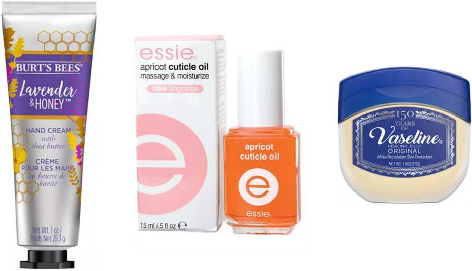 (De izq. a der.) Crema para manos Lavender & Honey Hand Cream de Burt’s Bees; aceite Apricot Cuticle Oil de Essie; jojoba de petróleo Original Petroleum Jelly de Vaseline.