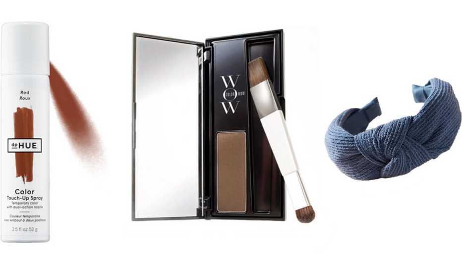 (De izq. a der.) Color Touch-Up Spray de dpHUE; Root Cover Up de Color Wow; Amber Knotted Hairband en color zafiro de Anthropologie.