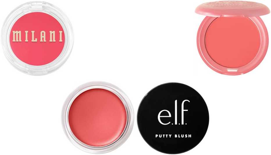 (Desde arriba a la izquierda, en el sentido de las agujas del reloj) Rubores Cheek Kiss Cream Blush en color coral triturado de Milani; Convertible Color en color petunia de Stila; Cosmetics Putty Blush en color Tahiti de e.l.f..